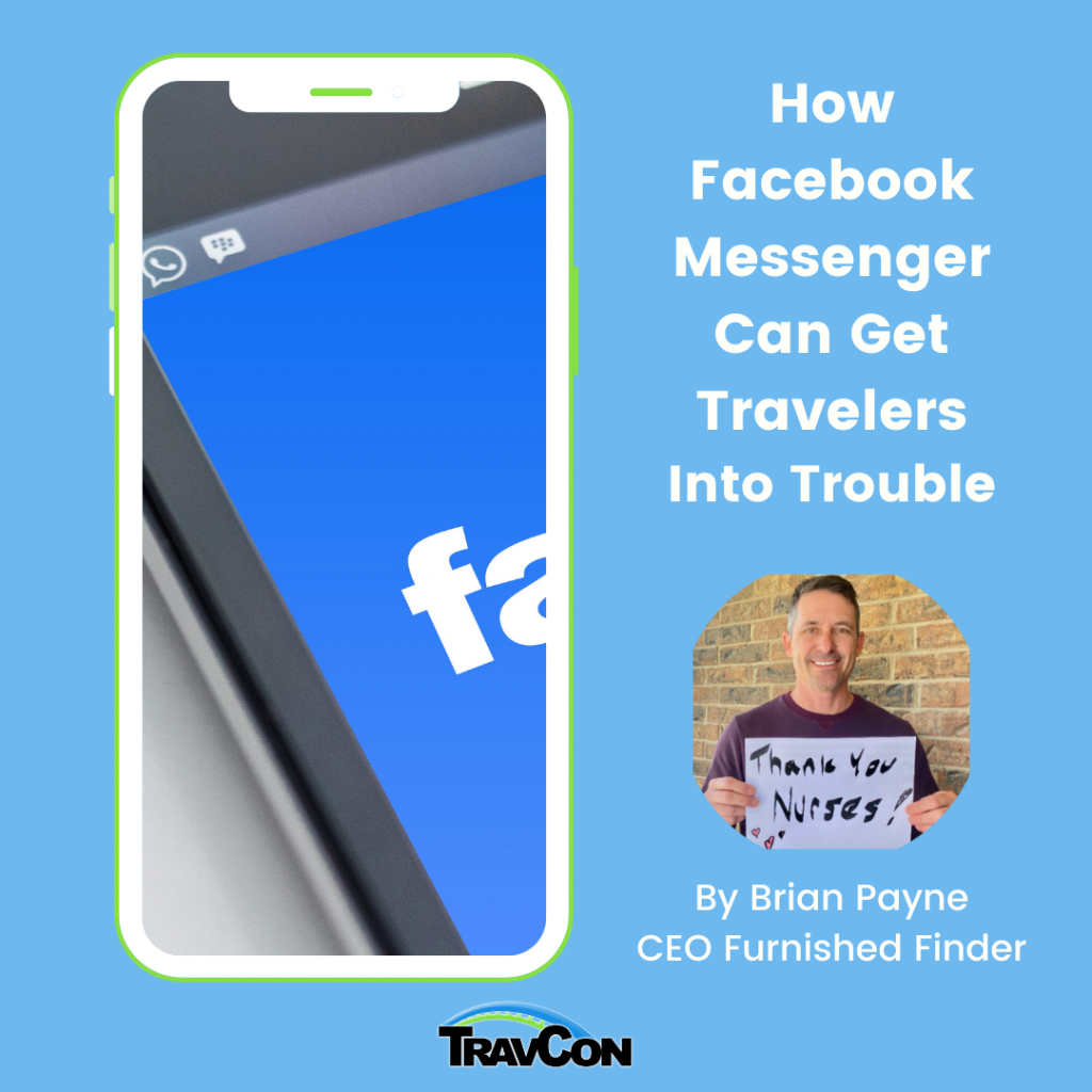 a graphic with a phone showing a facebook logo and the words "how facebook messenger can get travelers into trouble"